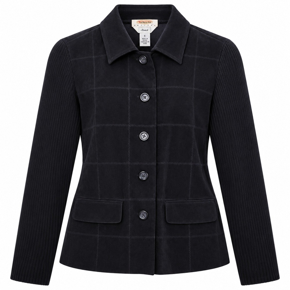 Talbots Petites Mixed Media Grid Jacket Womens 6 Black Excellent Office Wear